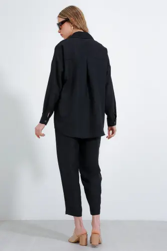 Kadın Siyah Oversize Keten Alt Üst Takım 6622 - SİYAH - 5