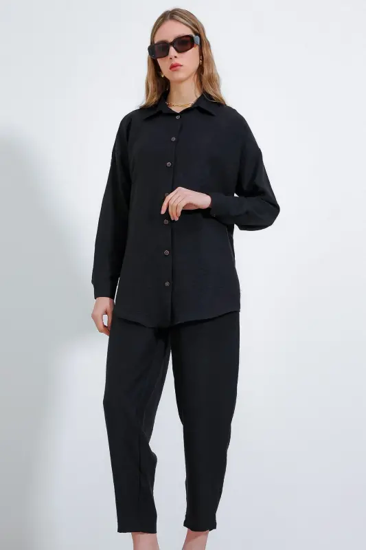Kadın Siyah Oversize Keten Alt Üst Takım 6622 - SİYAH - 6