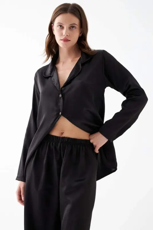 Kadın Siyah Oversize Saten Pijama Takımı - 4