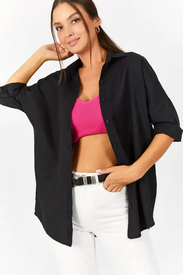 Kadın Siyah Oversize Uzun Basic Gömlek ARM-22Y001118-Siyah - 7