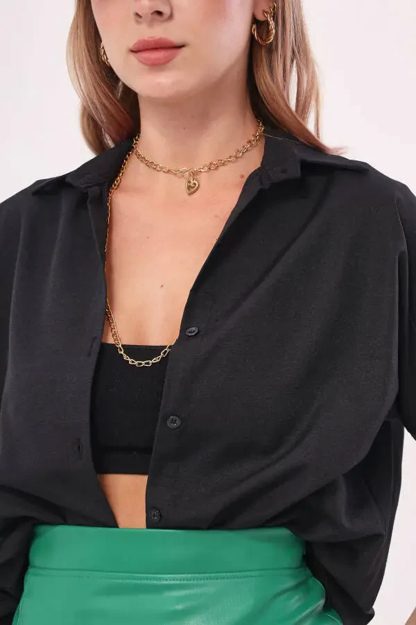 Kadın Siyah Oversize Uzun Basic Gömlek ARM-22Y001118-Siyah - 3