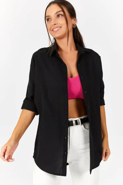 Kadın Siyah Oversize Uzun Basic Gömlek ARM-22Y001118-Siyah - 13