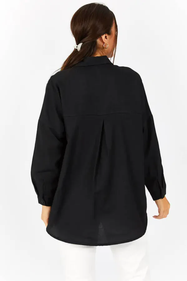Kadın Siyah Oversize Uzun Basic Gömlek ARM-22Y001118-Siyah - 14
