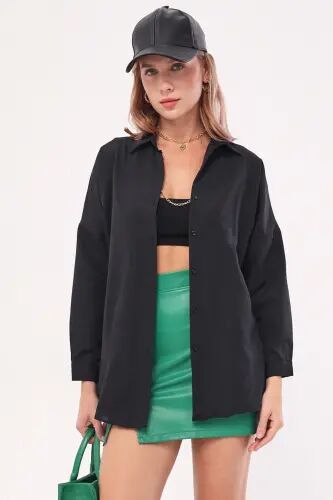Kadın Siyah Oversize Uzun Basic Gömlek ARM-22Y001118 - Siyah - armonika (1)