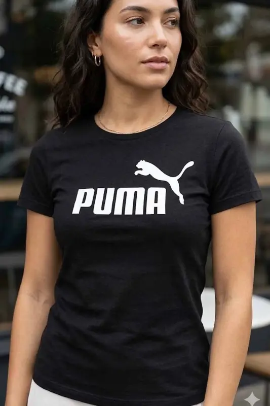 Kadın Siyah Pamuklu Tişört - Logo Baskılı Kısa Kollu Spor T-Shirt-Siyah - PUMA