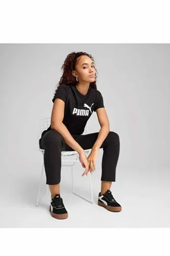 Kadın Siyah Pamuklu Tişört - Logo Baskılı Kısa Kollu Spor T-Shirt-Siyah - PUMA (1)