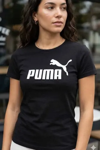 Kadın Siyah Pamuklu Tişört - Logo Baskılı Kısa Kollu Spor T-Shirt - Siyah-C4 