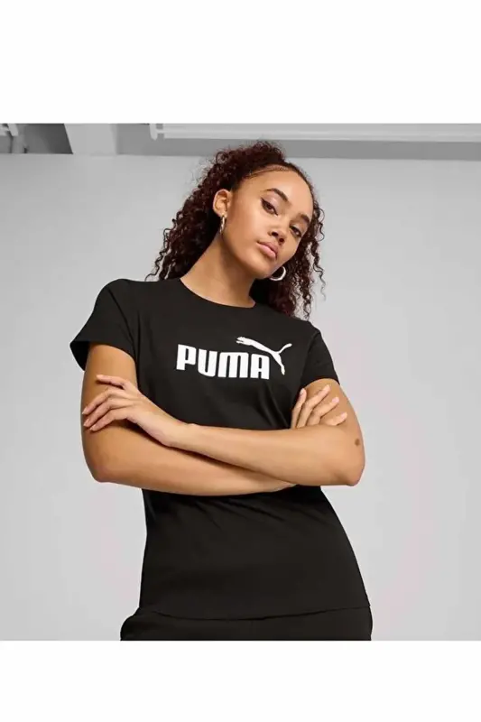 Kadın Siyah Pamuklu Tişört - Logo Baskılı Kısa Kollu Spor T-Shirt-Siyah - 4