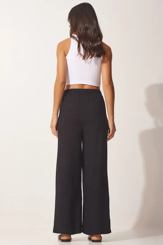 Kadın Siyah Pamuklu Viskon Palazzo Pantolon BV00076-Siyah - 5
