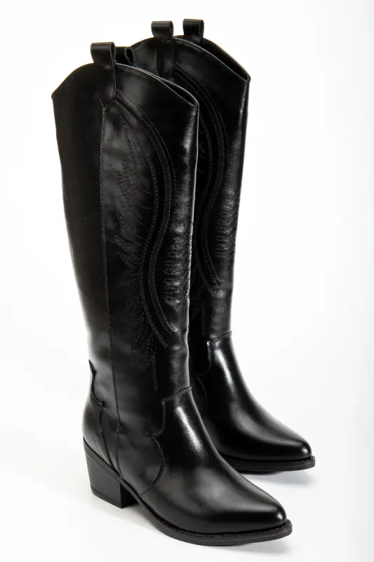 Kadın Siyah Parlak Cilt Nakışlı Western Kovboy Cowgirl Bot Çizme-Siyah Parlak - 1