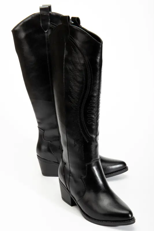 Kadın Siyah Parlak Cilt Nakışlı Western Kovboy Cowgirl Bot Çizme-Siyah Parlak - 2