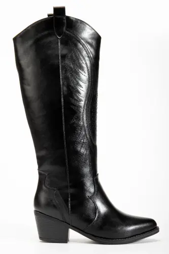 Kadın Siyah Parlak Cilt Nakışlı Western Kovboy Cowgirl Bot Çizme-Siyah Parlak - 3