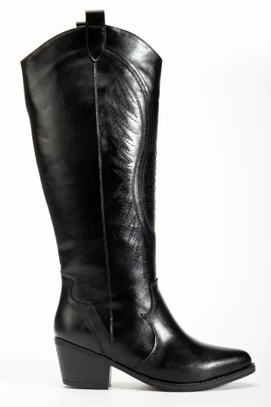 Kadın Siyah Parlak Cilt Nakışlı Western Kovboy Cowgirl Bot Çizme-Siyah Parlak - 3