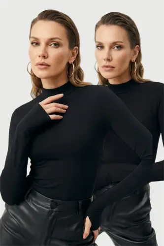 Kadın Siyah Parmak Detaylı Body 2'li Paket - 1