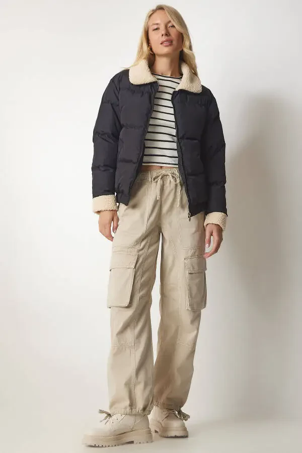 Kadın Siyah Peluş Detaylı Şişme Mont VP00004 - 4