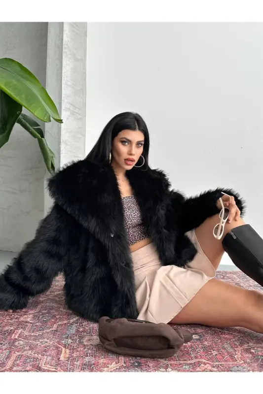 Yeni Sezon Kadın Premium Oversize Peluş Kürk Mont - Siyah - 1