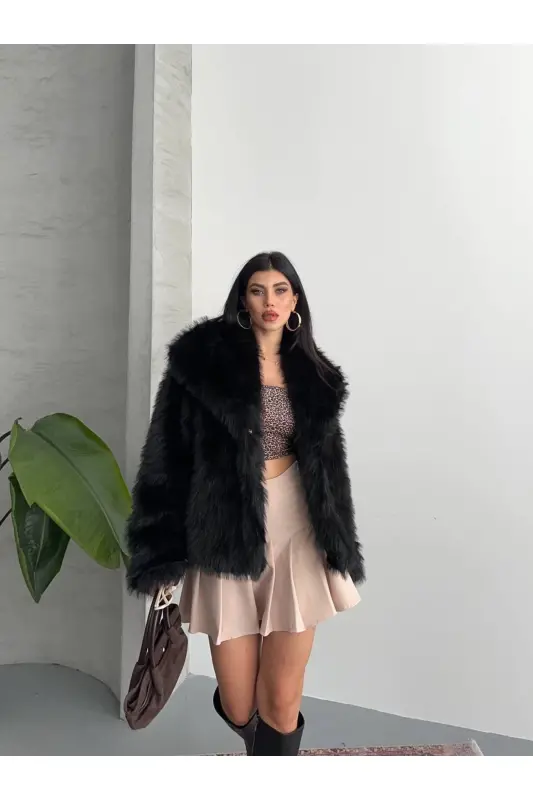 Yeni Sezon Kadın Premium Oversize Peluş Kürk Mont - Siyah - 2
