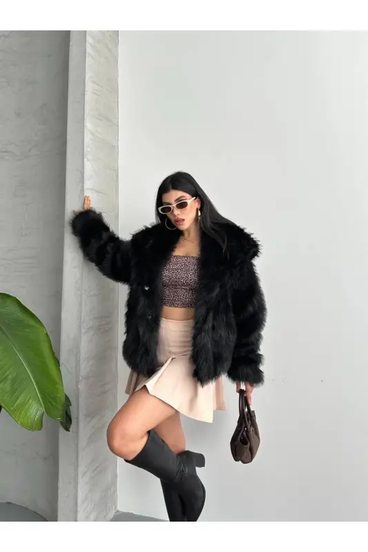 Yeni Sezon Kadın Premium Oversize Peluş Kürk Mont - Siyah - 3