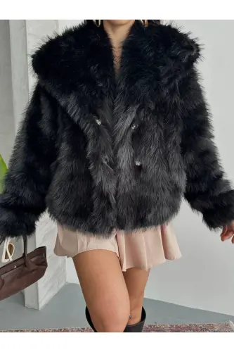 Yeni Sezon Kadın Premium Oversize Peluş Kürk Mont - Siyah - 4