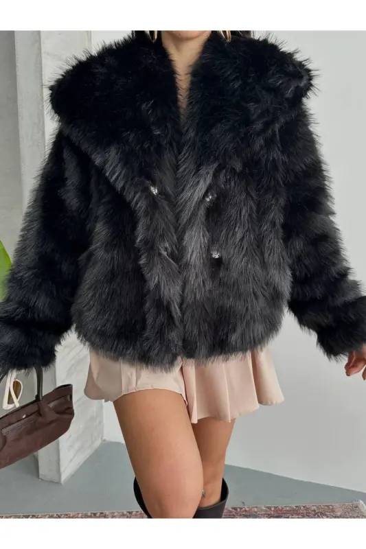 Yeni Sezon Kadın Premium Oversize Peluş Kürk Mont - Siyah - 4