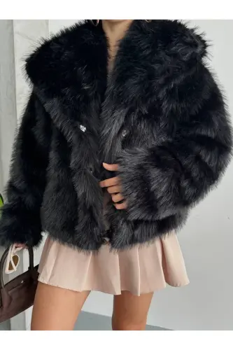 Yeni Sezon Kadın Premium Oversize Peluş Kürk Mont - Siyah - 5