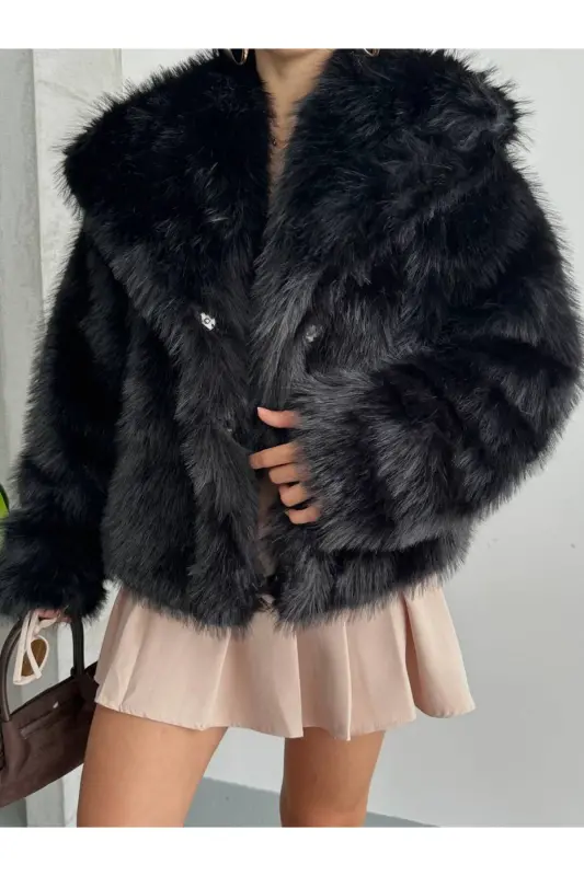 Yeni Sezon Kadın Premium Oversize Peluş Kürk Mont - Siyah - 5