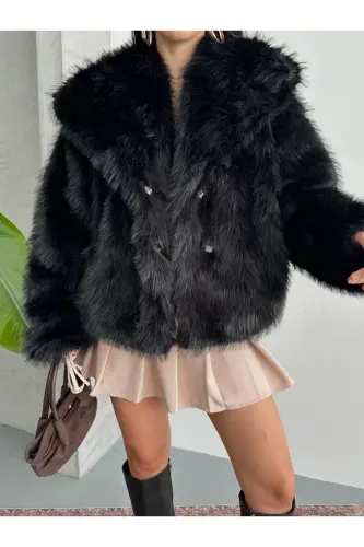 Yeni Sezon Kadın Premium Oversize Peluş Kürk Mont - Siyah - 6