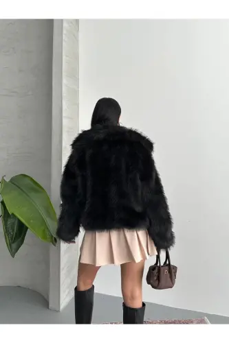Yeni Sezon Kadın Premium Oversize Peluş Kürk Mont - Siyah - 7