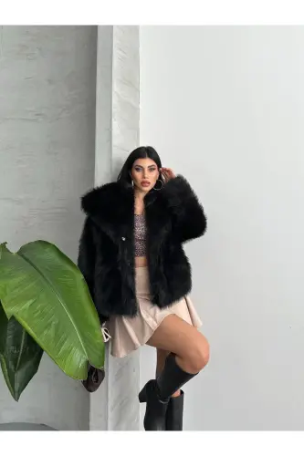 Yeni Sezon Kadın Premium Oversize Peluş Kürk Mont - Siyah - 8