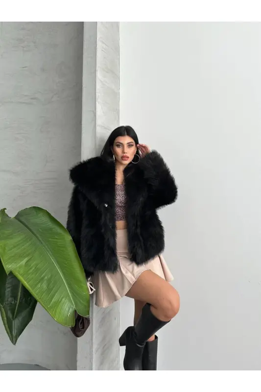Yeni Sezon Kadın Premium Oversize Peluş Kürk Mont - Siyah - 8