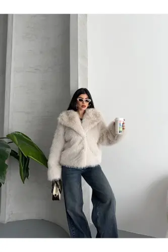 Yeni Sezon Kadın Premium Oversize Peluş Kürk Mont-Beyaz - 5