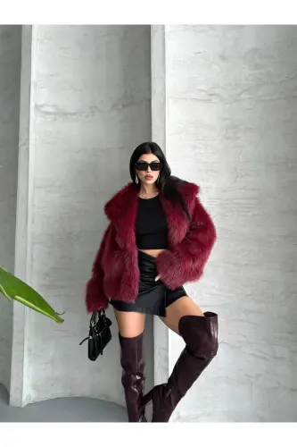 Kadın Siyah Premium Peluş Kışlık Suni Premium Kürk Mont-Bordo 