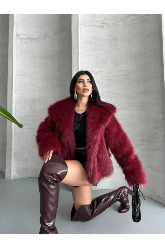 Kadın Siyah Premium Peluş Kışlık Suni Premium Kürk Mont - Bordo - 2