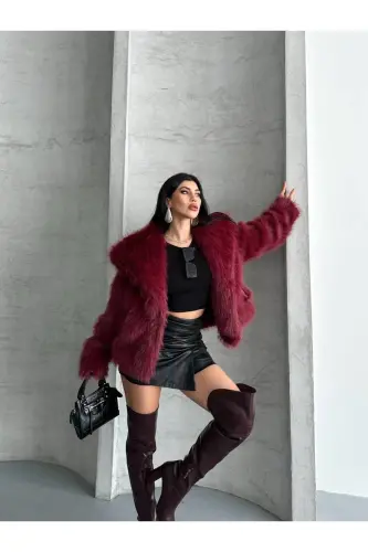 Kadın Siyah Premium Peluş Kışlık Suni Premium Kürk Mont - Bordo - 3