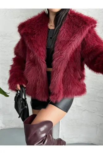 Kadın Siyah Premium Peluş Kışlık Suni Premium Kürk Mont - Bordo - 6