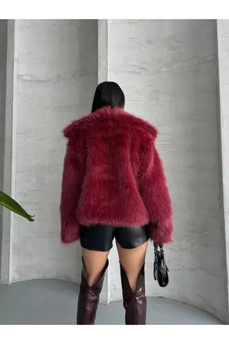 Kadın Siyah Premium Peluş Kışlık Suni Premium Kürk Mont - Bordo - 8