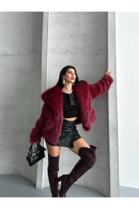 Kadın Siyah Premium Peluş Kışlık Suni Premium Kürk Mont-Bordo - 3