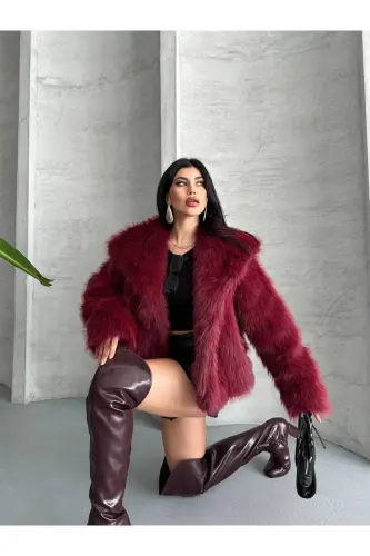 Kadın Siyah Premium Peluş Kışlık Suni Premium Kürk Mont-Bordo - 2