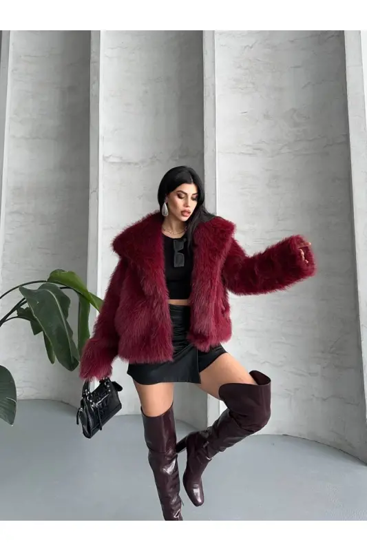 Kadın Siyah Premium Peluş Kışlık Suni Premium Kürk Mont-Bordo - 4