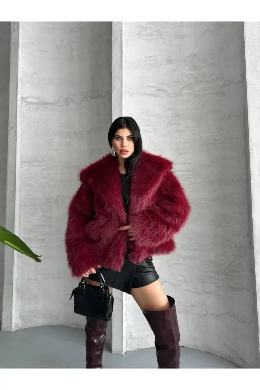 Kadın Siyah Premium Peluş Kışlık Suni Premium Kürk Mont-Bordo - 5