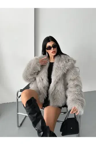 Yeni Sezon Kadın Premium Oversize Peluş Kürk Mont-GRİ - 1