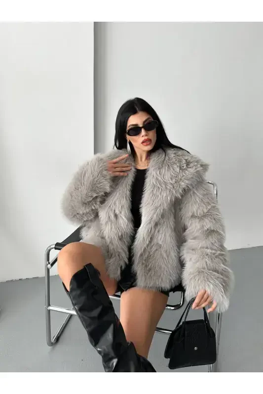 Yeni Sezon Kadın Premium Oversize Peluş Kürk Mont-GRİ - GM BUTIKK