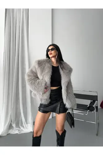 Yeni Sezon Kadın Premium Oversize Peluş Kürk Mont-GRİ - 2