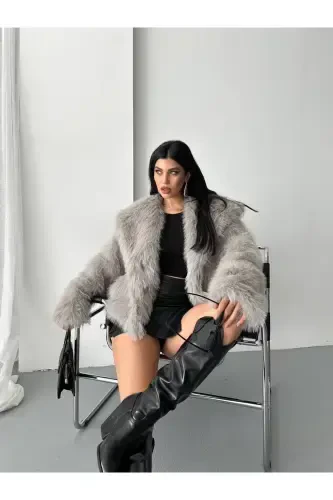 Yeni Sezon Kadın Premium Oversize Peluş Kürk Mont-GRİ - 3