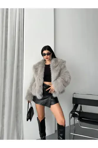 Yeni Sezon Kadın Premium Oversize Peluş Kürk Mont-GRİ - 5