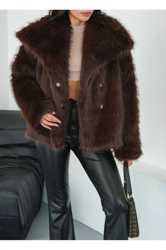 Kadın Siyah Premium Peluş Kışlık Suni Premium Kürk Mont-Kahverengi - 2