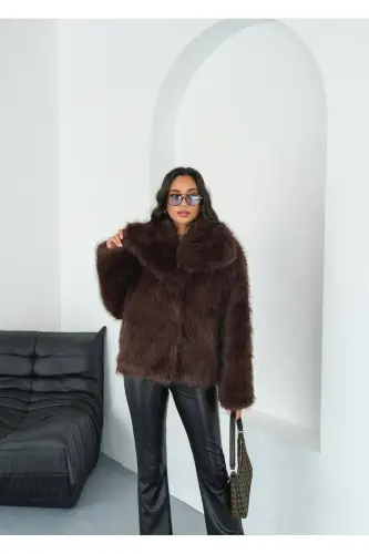 Kadın Siyah Premium Peluş Kışlık Suni Premium Kürk Mont-Kahverengi - 3