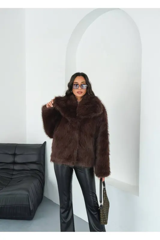 Kadın Siyah Premium Peluş Kışlık Suni Premium Kürk Mont-Kahverengi - 3