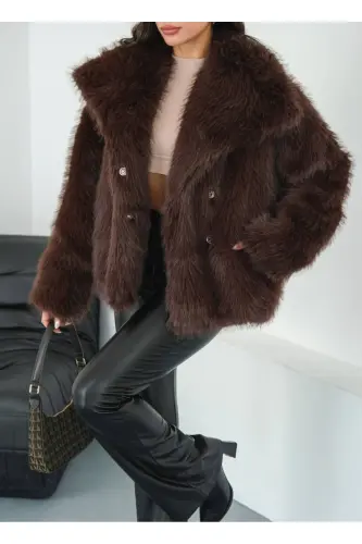 Kadın Siyah Premium Peluş Kışlık Suni Premium Kürk Mont-Kahverengi - 4