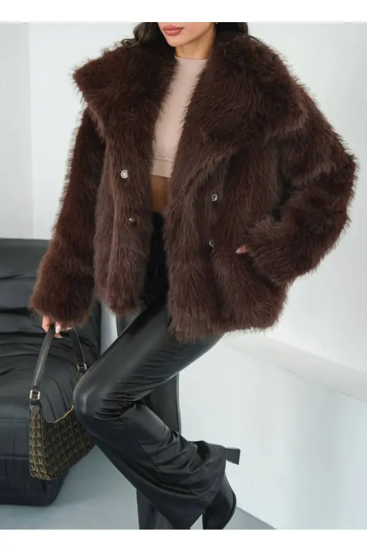 Kadın Siyah Premium Peluş Kışlık Suni Premium Kürk Mont-Kahverengi - 4